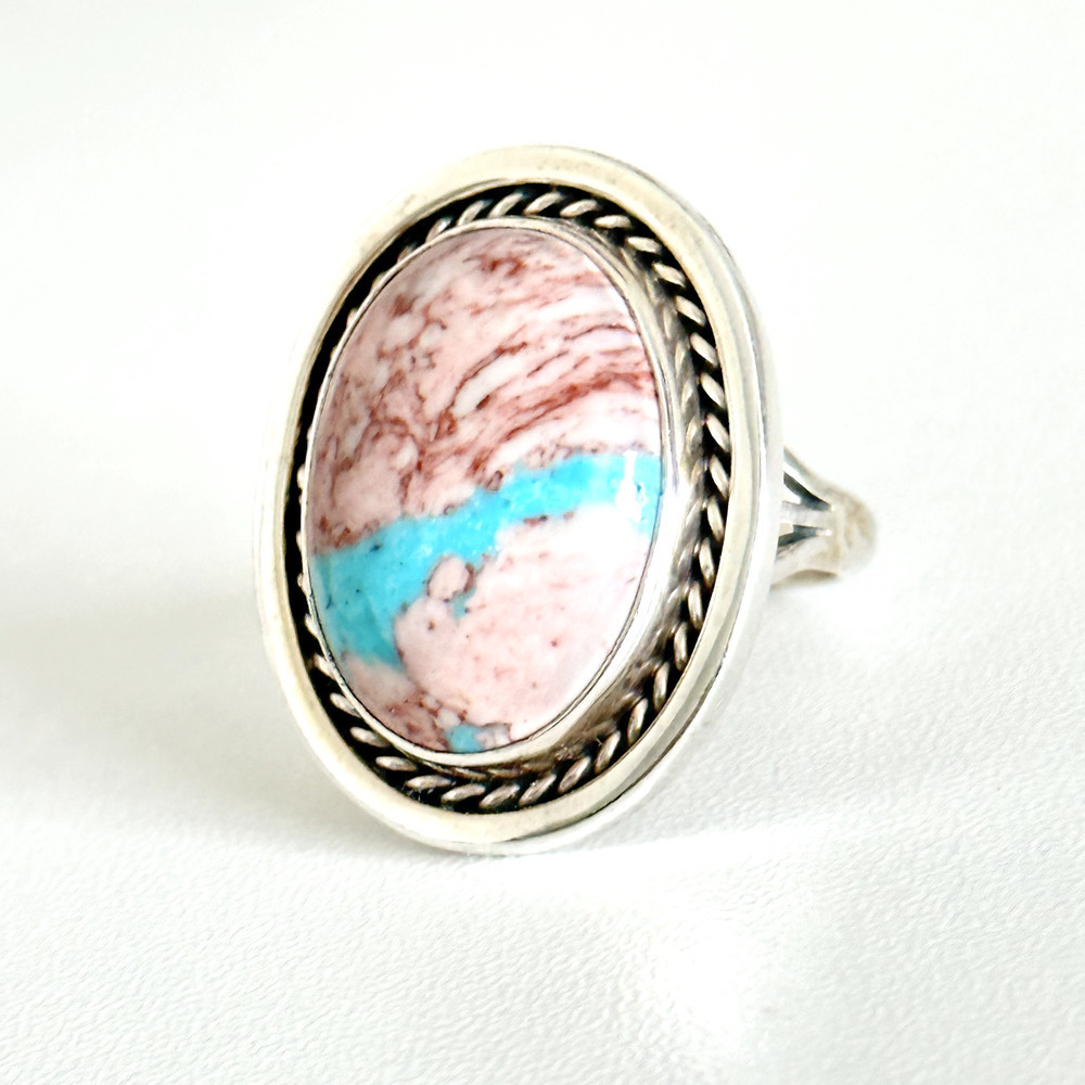 Vintage 925 Sterling Silver Running Bear Large Pink Blue Turquoise Ring Size 7 - Picture 7 of 14